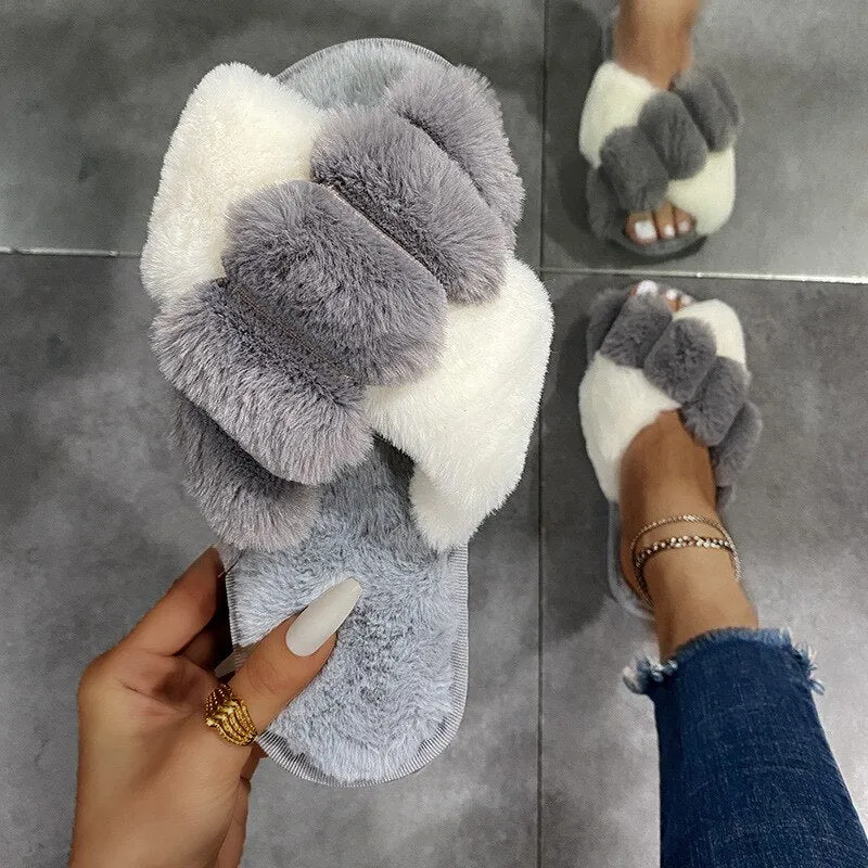 Thick Plush CrissCross Slippers for Women