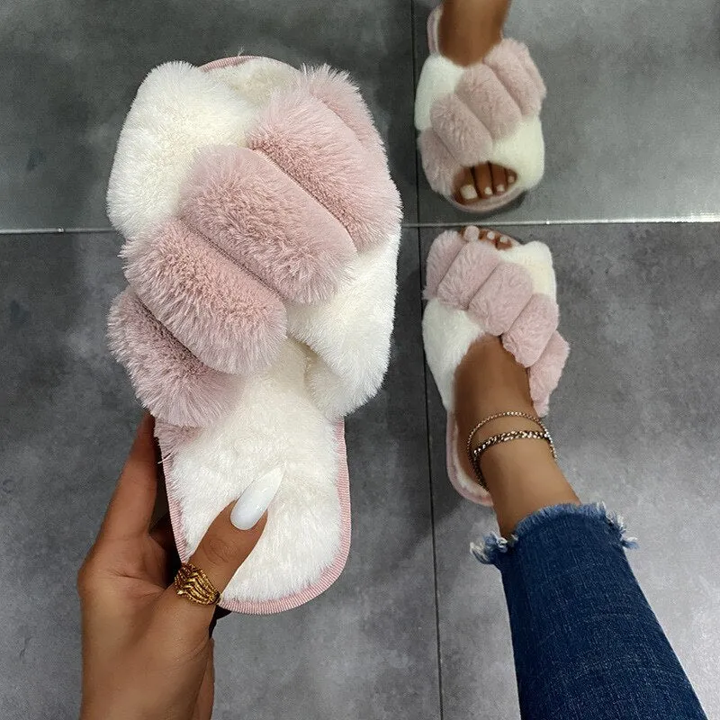 Thick Plush CrissCross Slippers for Women