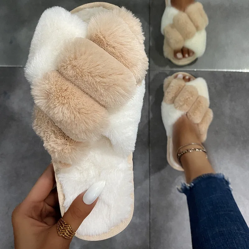 Thick Plush CrissCross Slippers for Women