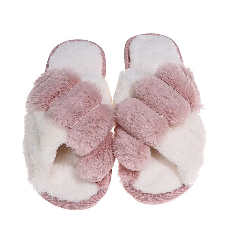 Thick Plush CrissCross Slippers for Women