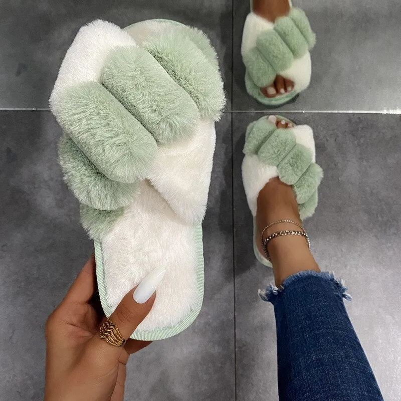 Thick Plush CrissCross Slippers for Women