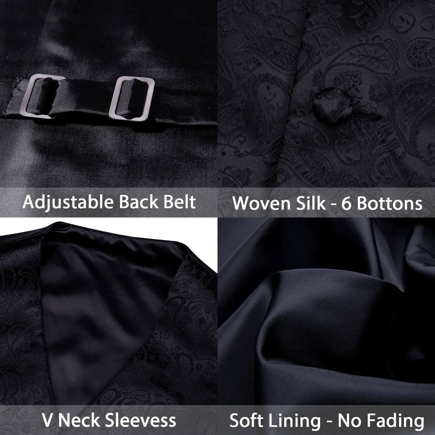 Ties2you Black Paisley Vest Luxury Silk Men's Vest Tie Hanky Cufflinks Set Waistcoat Suit Set