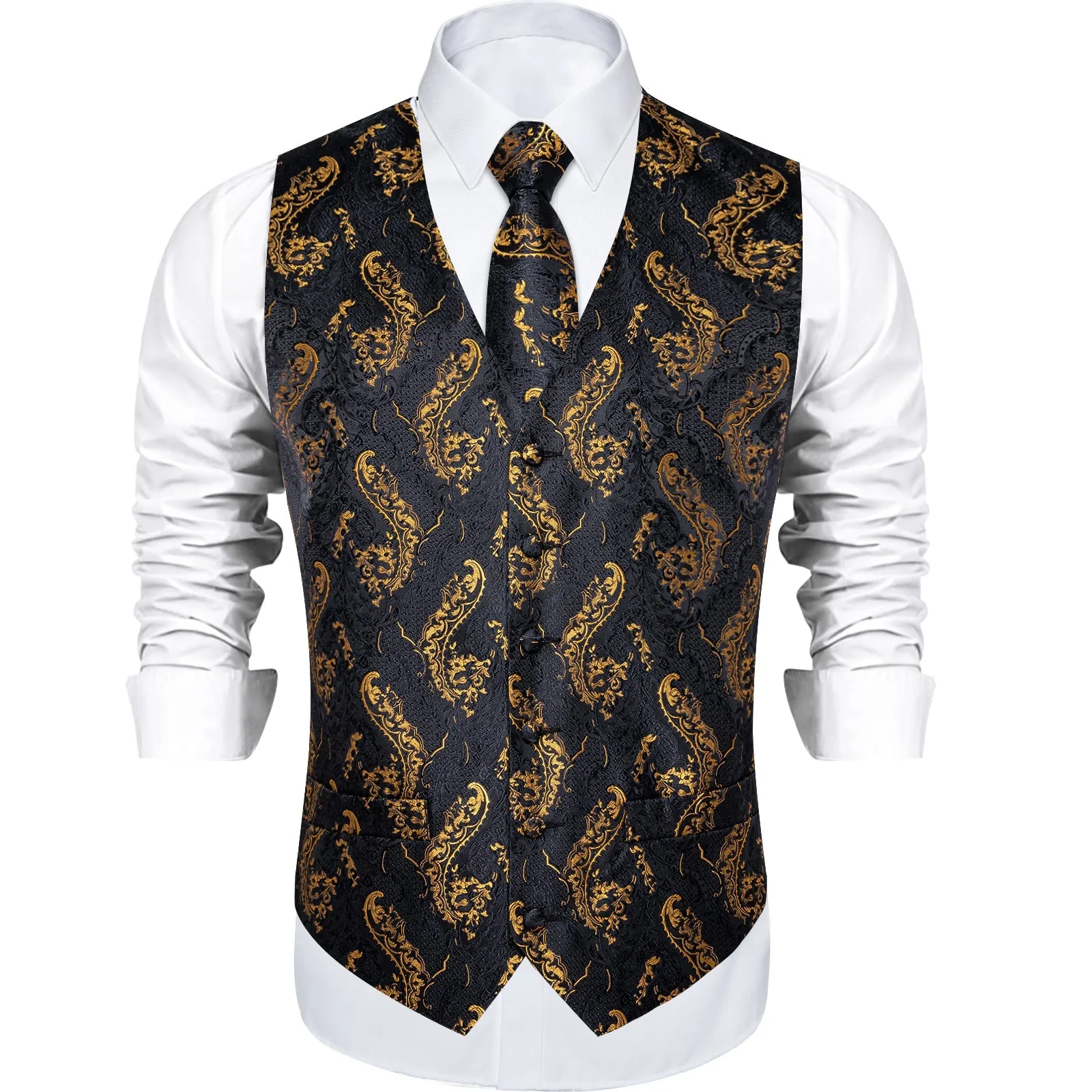 Ties2you Black Tie Vest Gold Floral Men's Vest Tie Hanky Cufflinks Set