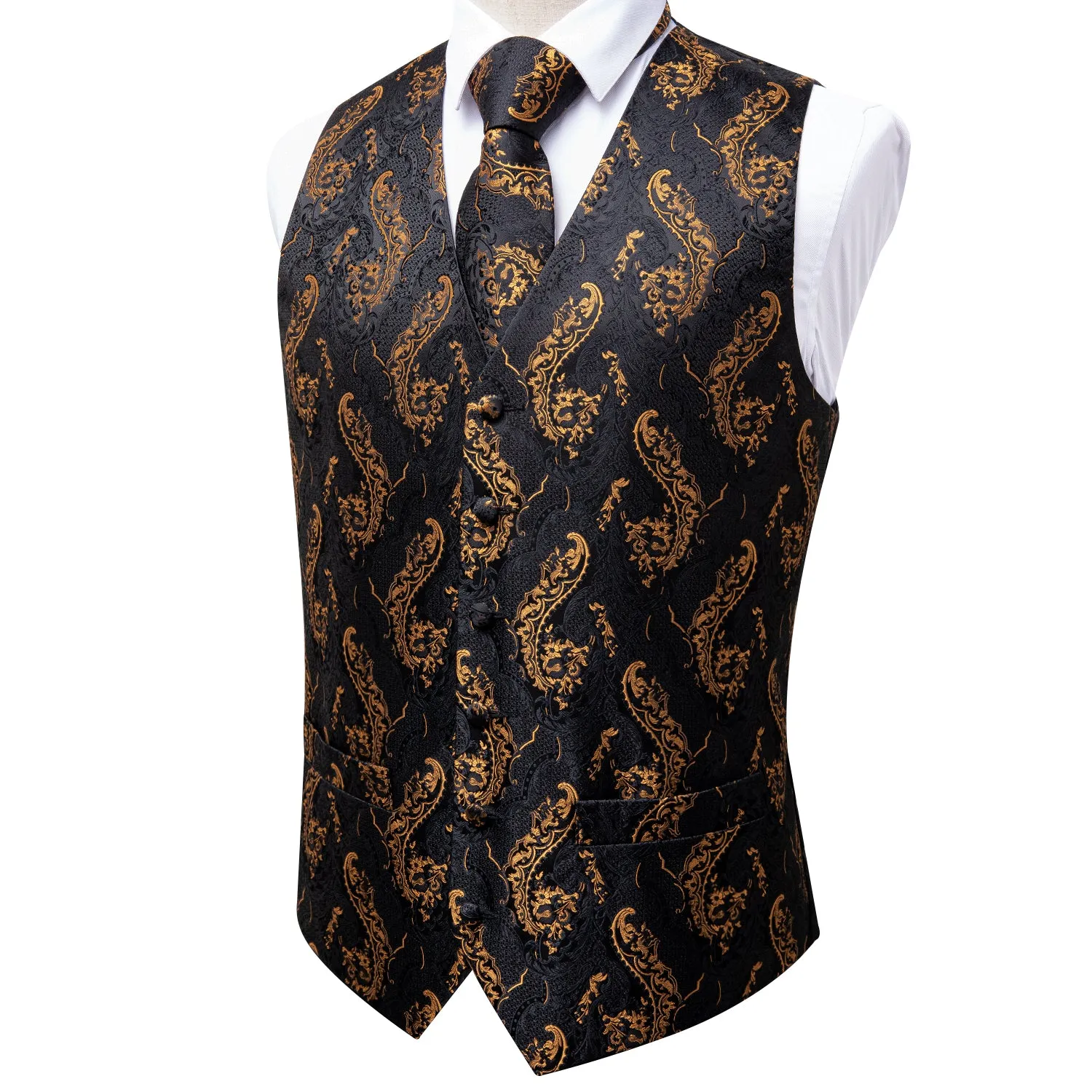 Ties2you Black Tie Vest Gold Floral Men's Vest Tie Hanky Cufflinks Set