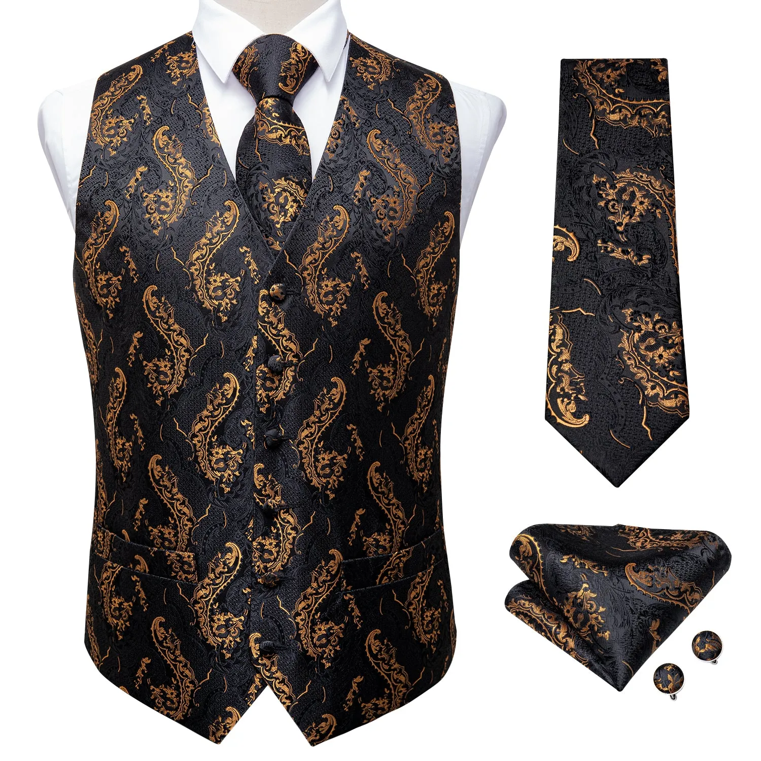 Ties2you Black Tie Vest Gold Floral Men's Vest Tie Hanky Cufflinks Set