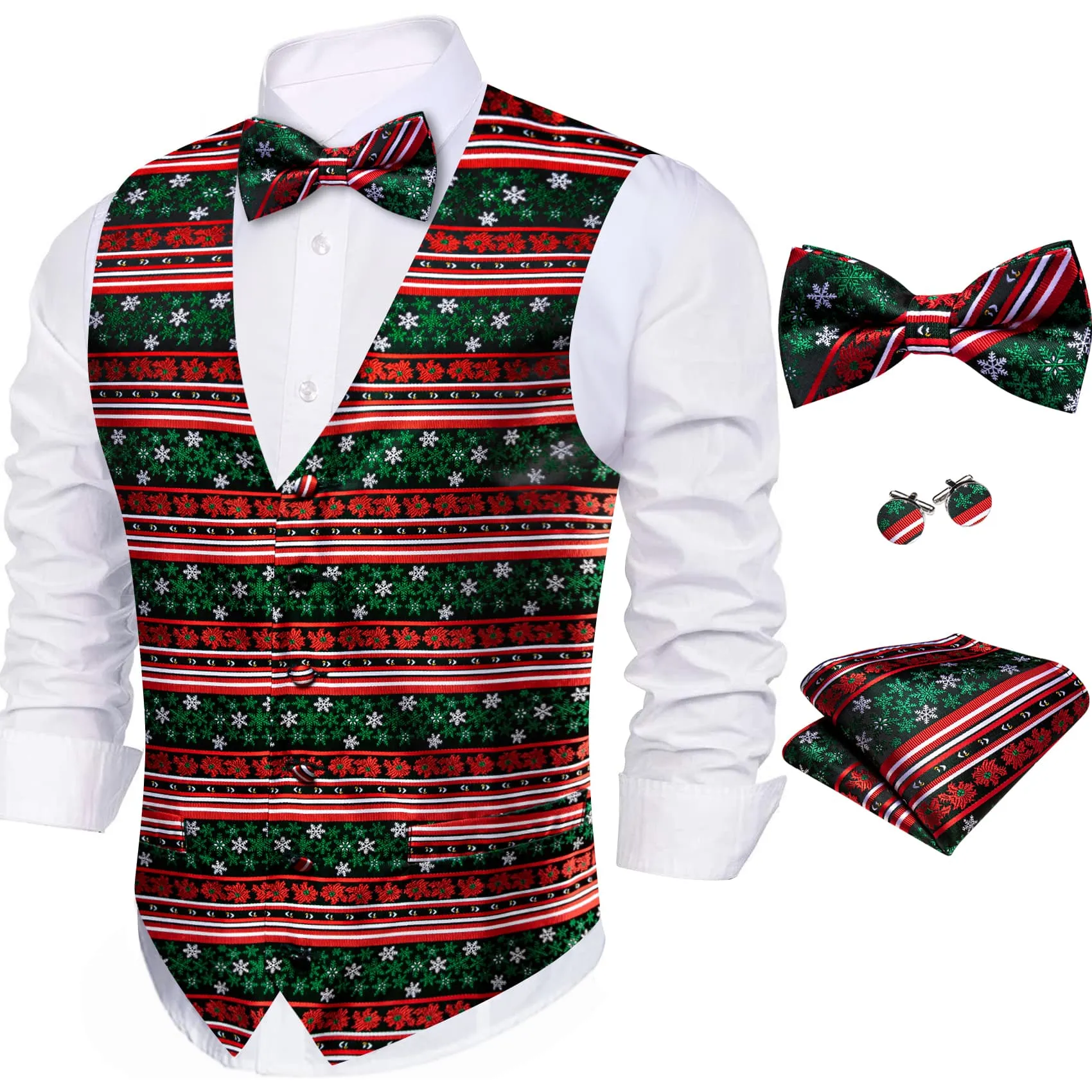 Ties2you Christmas Vest Red Green Snowflake Novelty Silk Men's Vest Bowtie Set