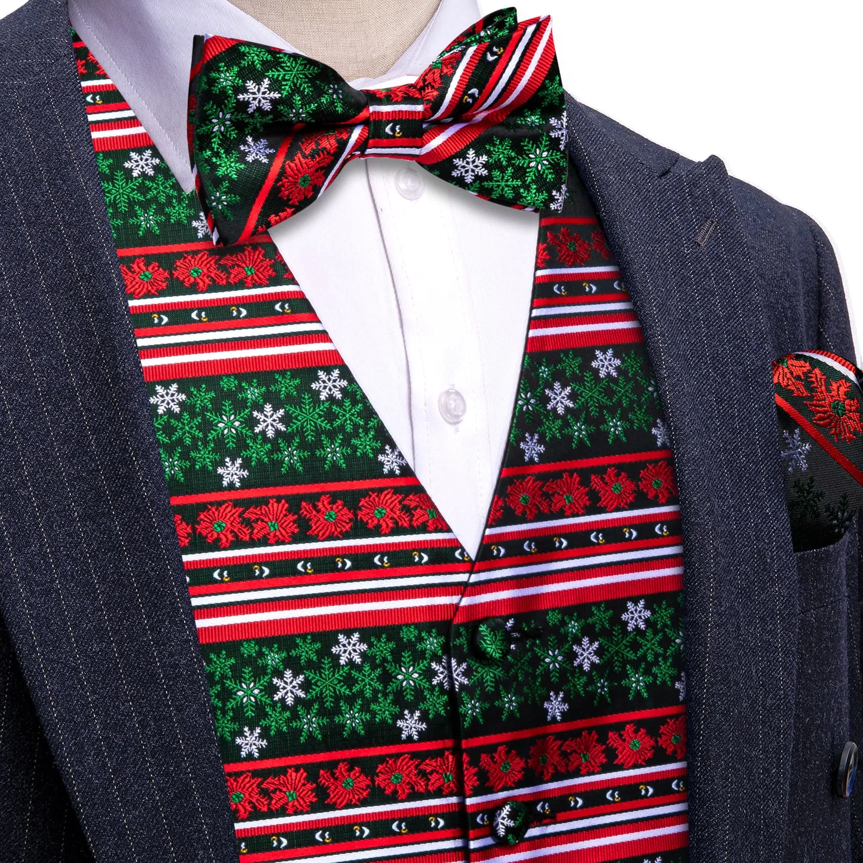 Ties2you Christmas Vest Red Green Snowflake Novelty Silk Men's Vest Bowtie Set