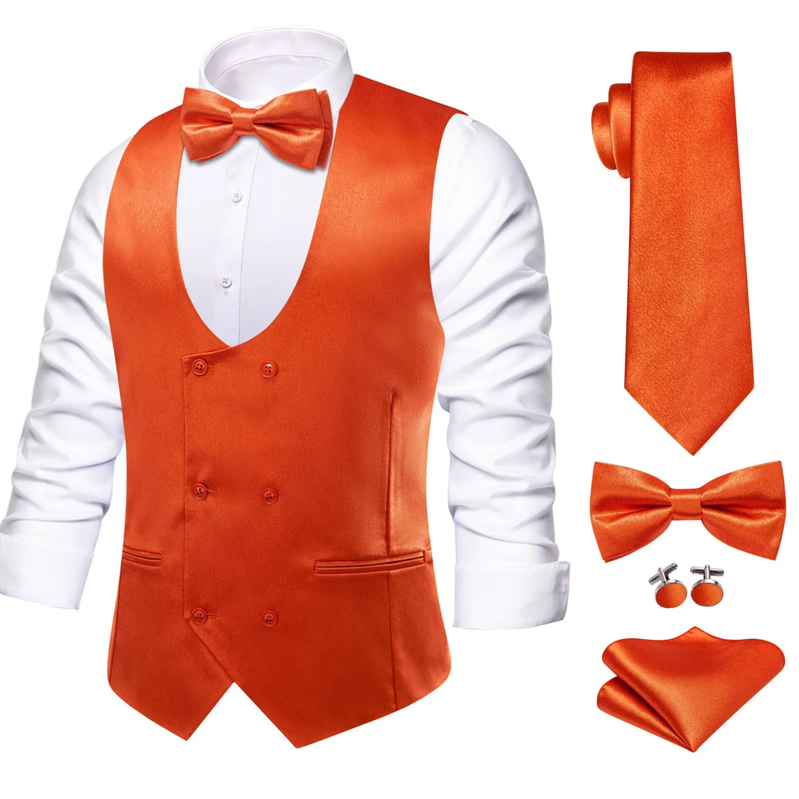 Ties2you Double Breasted Vest Sinopia Orange Solid Mens Dress Vest Tie Bowtie Set 5PC