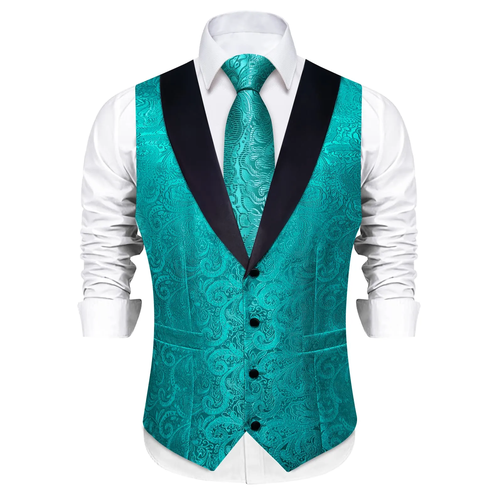 Ties2you Dress Vest Deep Cyan Floral Shawl Collar Silk Mens Waistcoat Tie Set