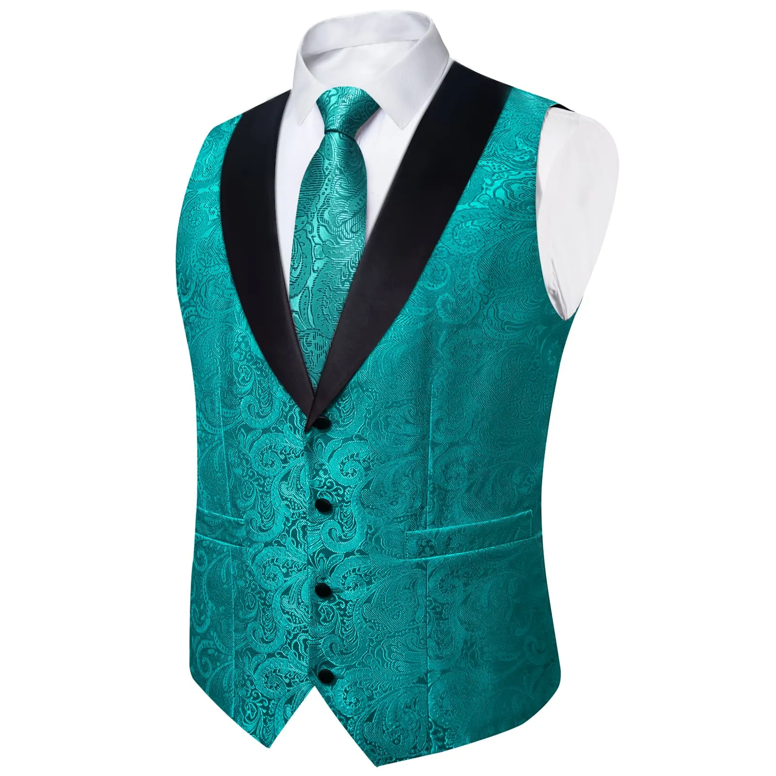 Ties2you Dress Vest Deep Cyan Floral Shawl Collar Silk Mens Waistcoat Tie Set