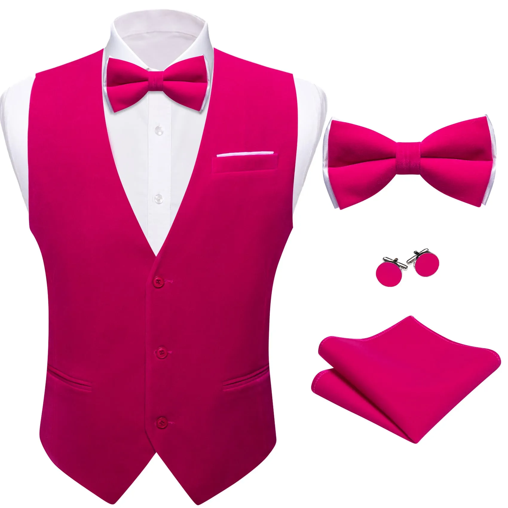 Ties2you Dress Vest Deep Pink Solid V-Neck Waistcoat Mens Suede Leather Vest Bow Tie Set