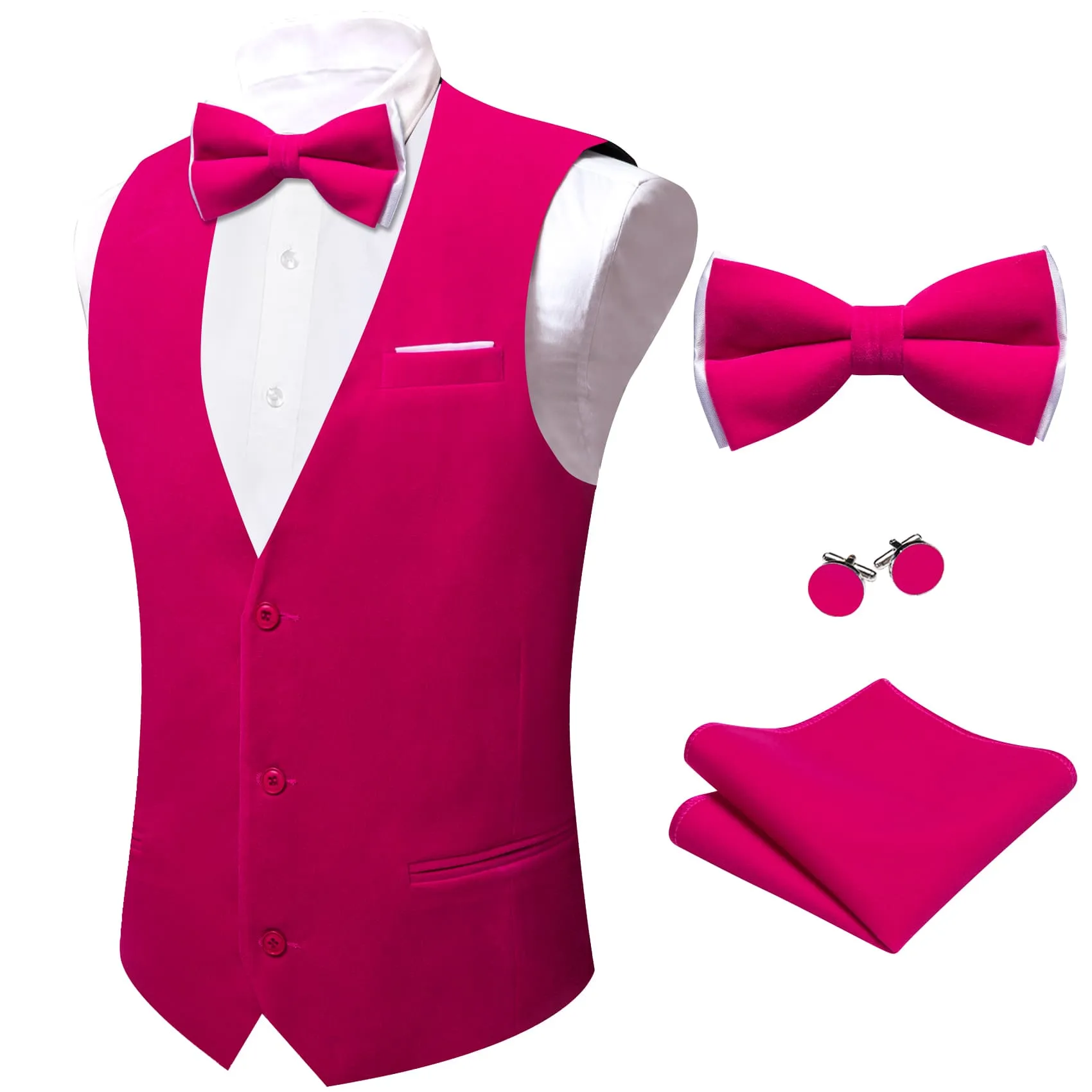 Ties2you Dress Vest Deep Pink Solid V-Neck Waistcoat Mens Suede Leather Vest Bow Tie Set