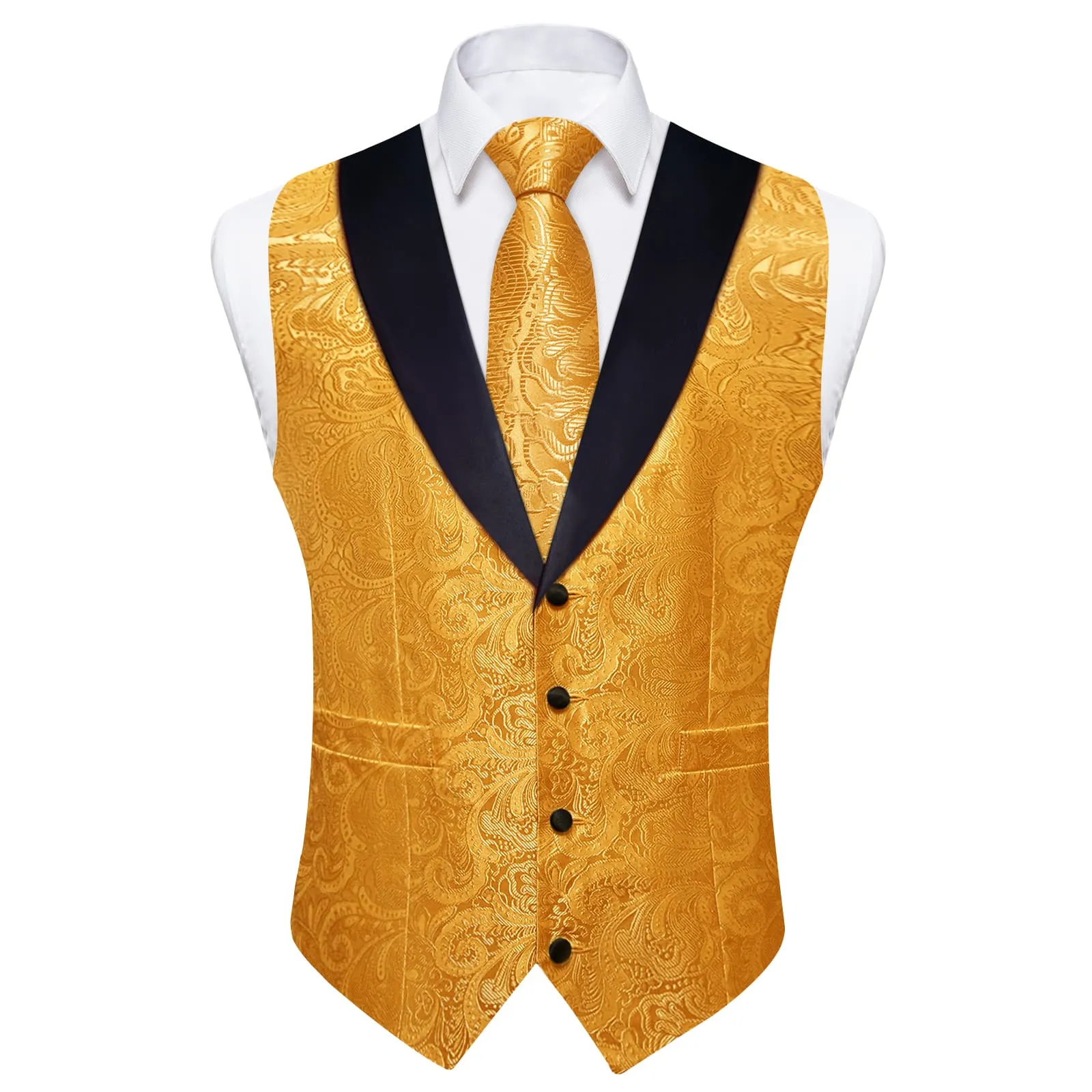 Ties2you Dress Vest Gamboge Orange Floral Shawl Collar Silk Mens Waistcoat Tie Set