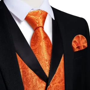 Ties2you Dress Vest Hot Orange Floral Shawl Collar Silk Mens Waistcoat Tie Set