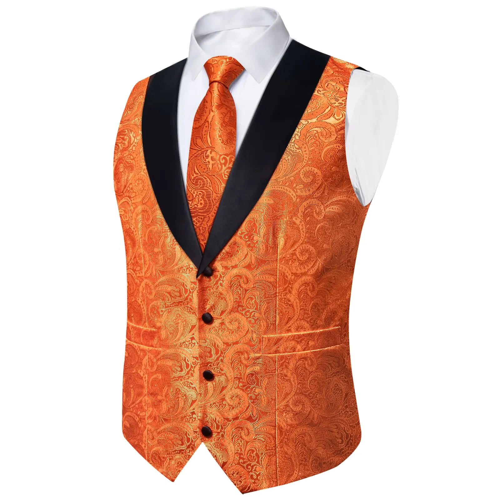 Ties2you Dress Vest Hot Orange Floral Shawl Collar Silk Mens Waistcoat Tie Set