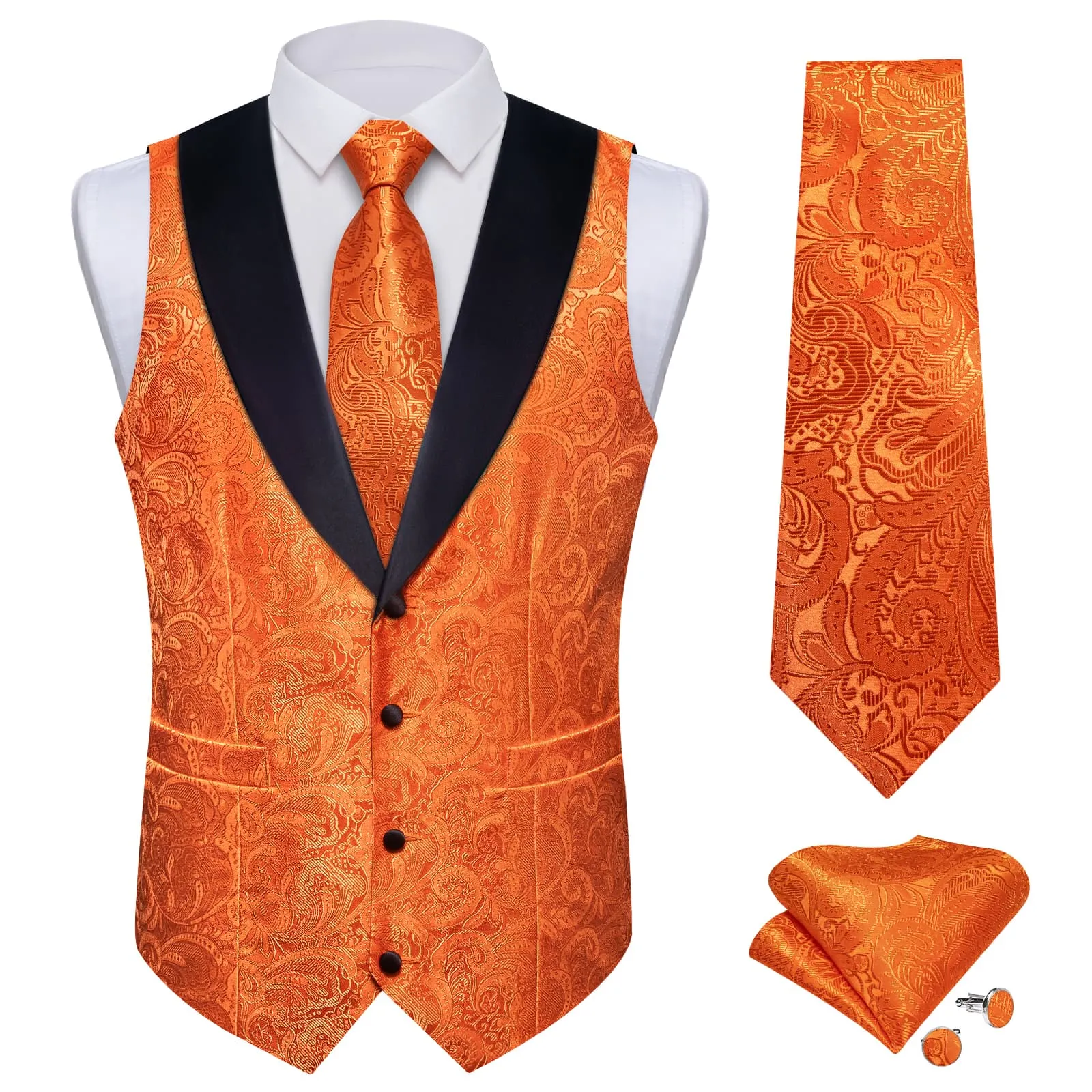 Ties2you Dress Vest Hot Orange Floral Shawl Collar Silk Mens Waistcoat Tie Set