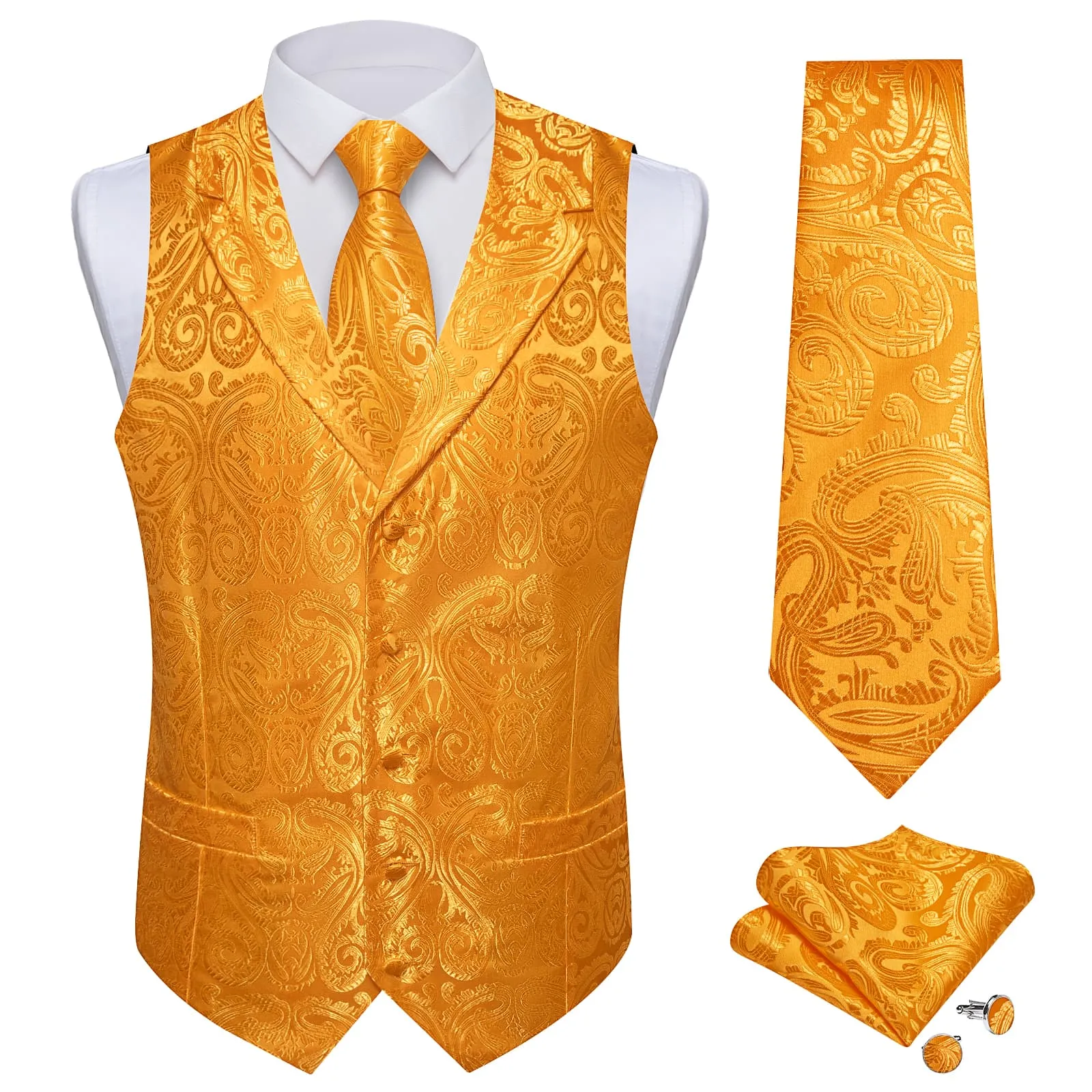 Ties2you Dress Vest Neon Carrot Orange Paisley Notched Collar Silk Mens Work Vest Tie Set