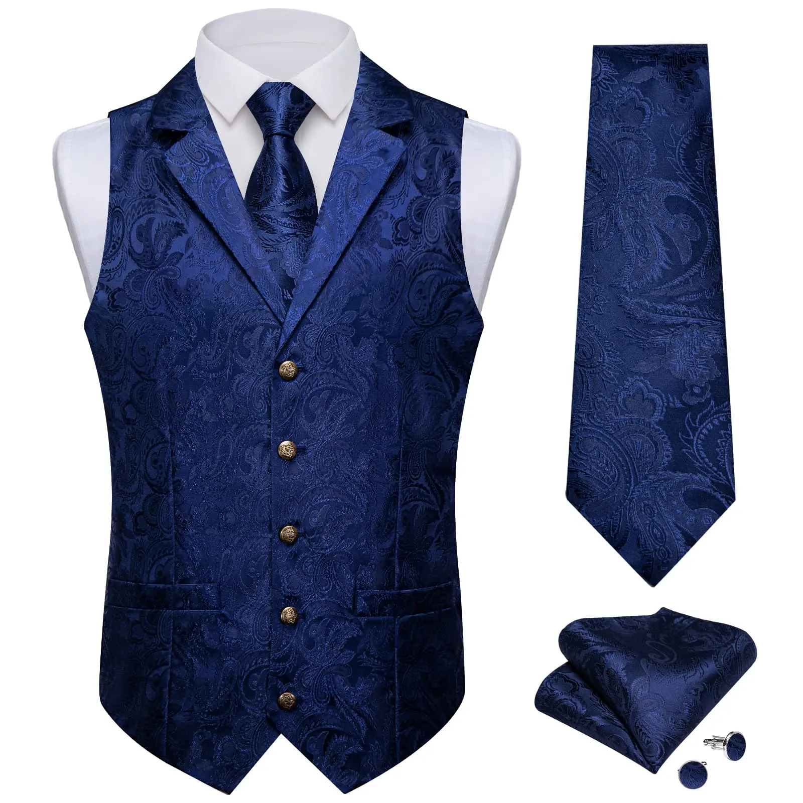 Ties2you Dress Vest Oxford Blue Paisley Notched Collar Silk Mens Waistcoat Tie Set