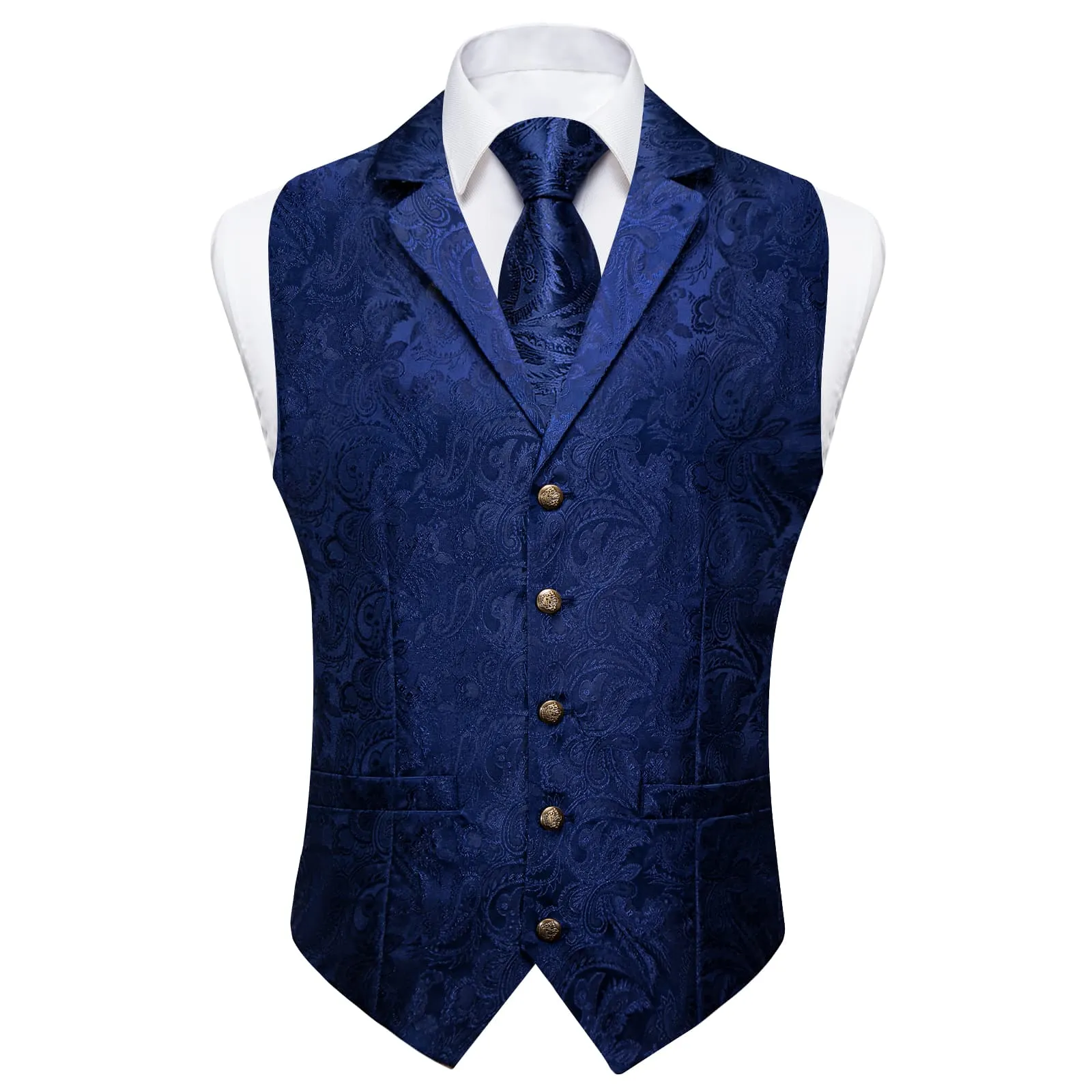 Ties2you Dress Vest Oxford Blue Paisley Notched Collar Silk Mens Waistcoat Tie Set