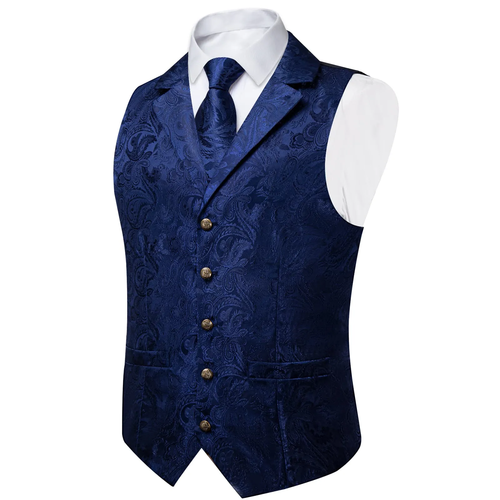 Ties2you Dress Vest Oxford Blue Paisley Notched Collar Silk Mens Waistcoat Tie Set