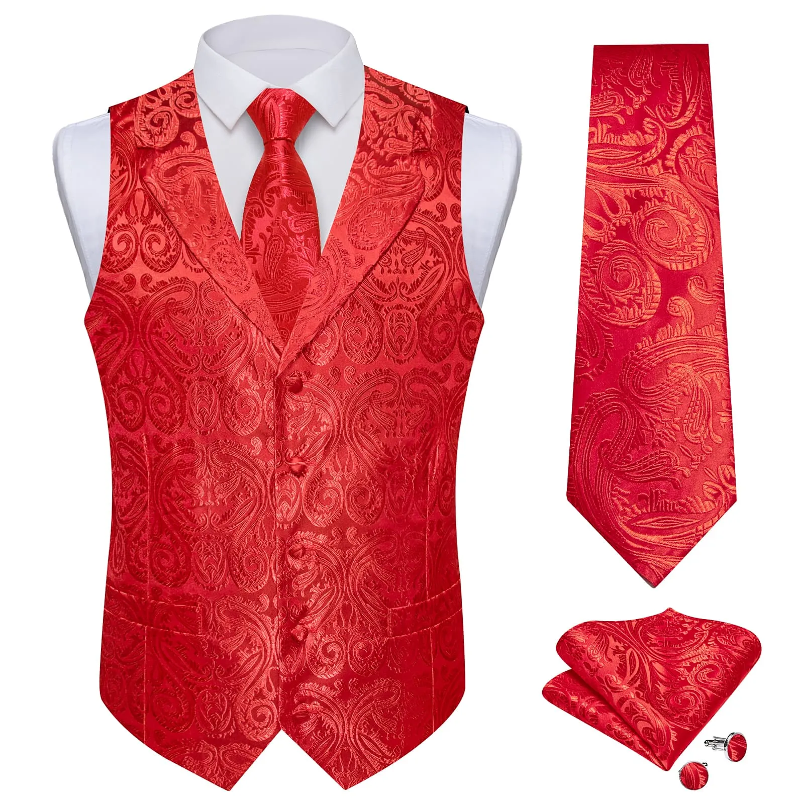 Ties2you Dress Vest Pure Red Paisley Notched Collar Silk Mens Work Vest Tie Set