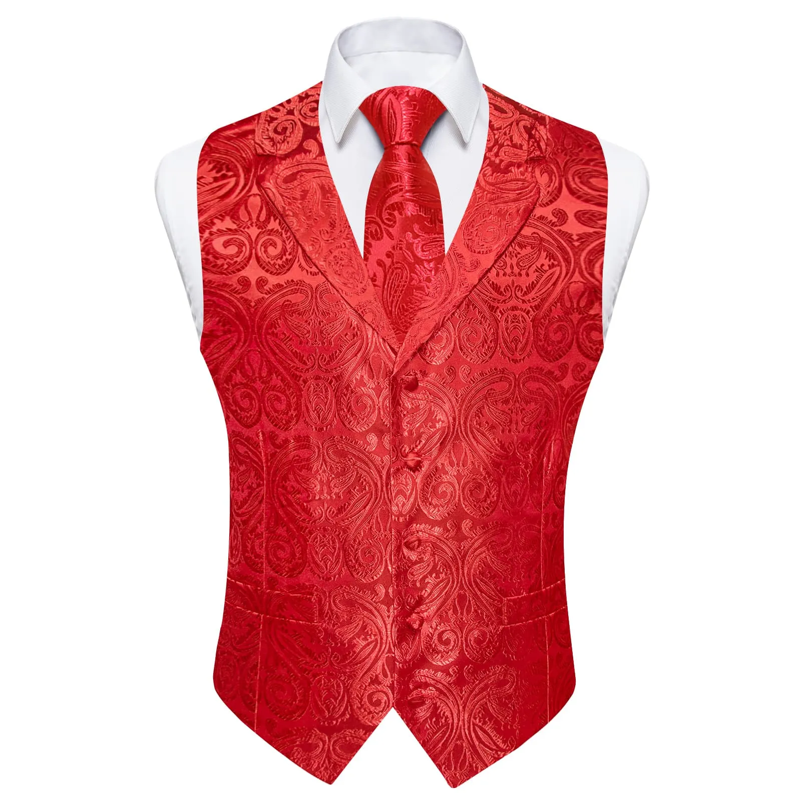 Ties2you Dress Vest Pure Red Paisley Notched Collar Silk Mens Work Vest Tie Set