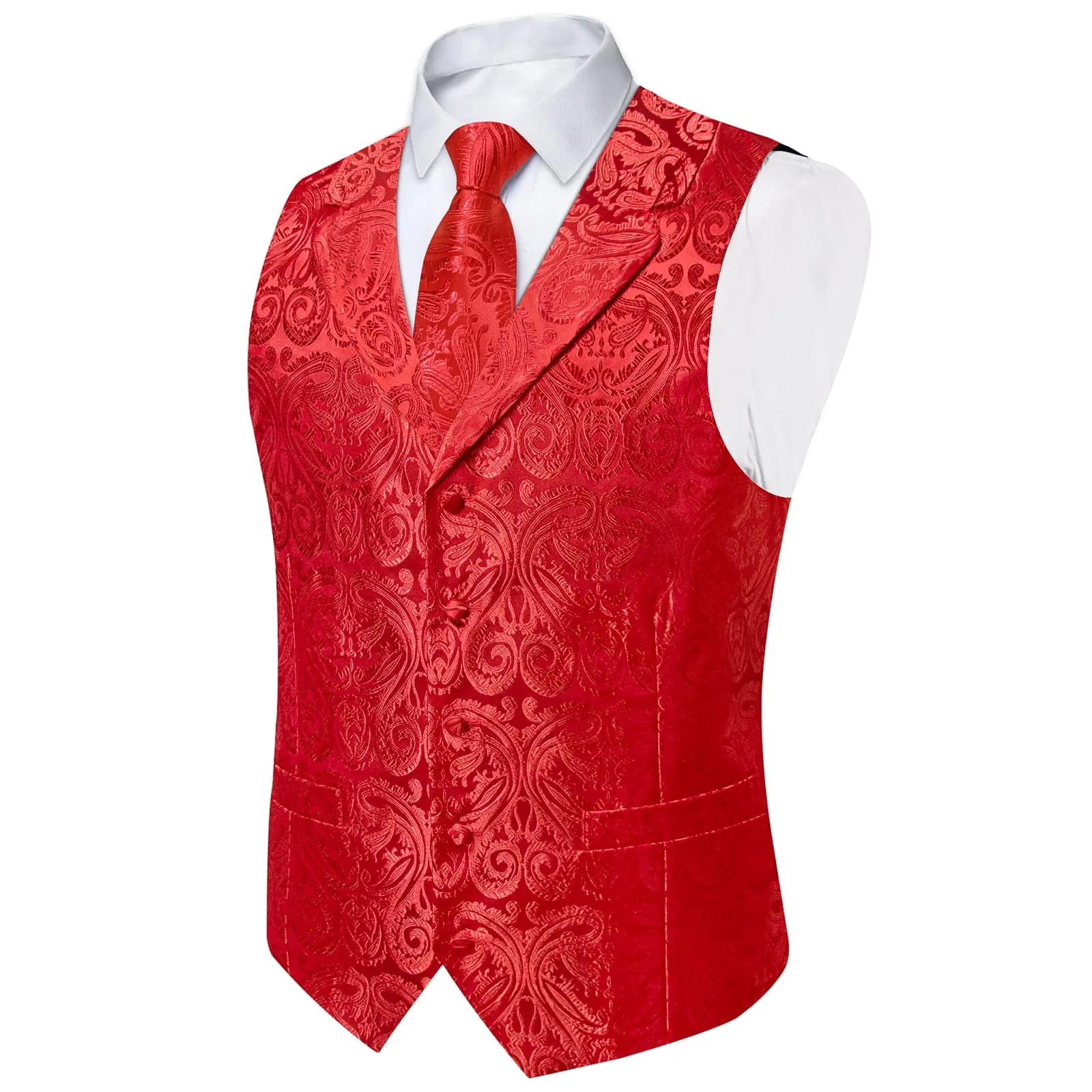 Ties2you Dress Vest Pure Red Paisley Notched Collar Silk Mens Work Vest Tie Set