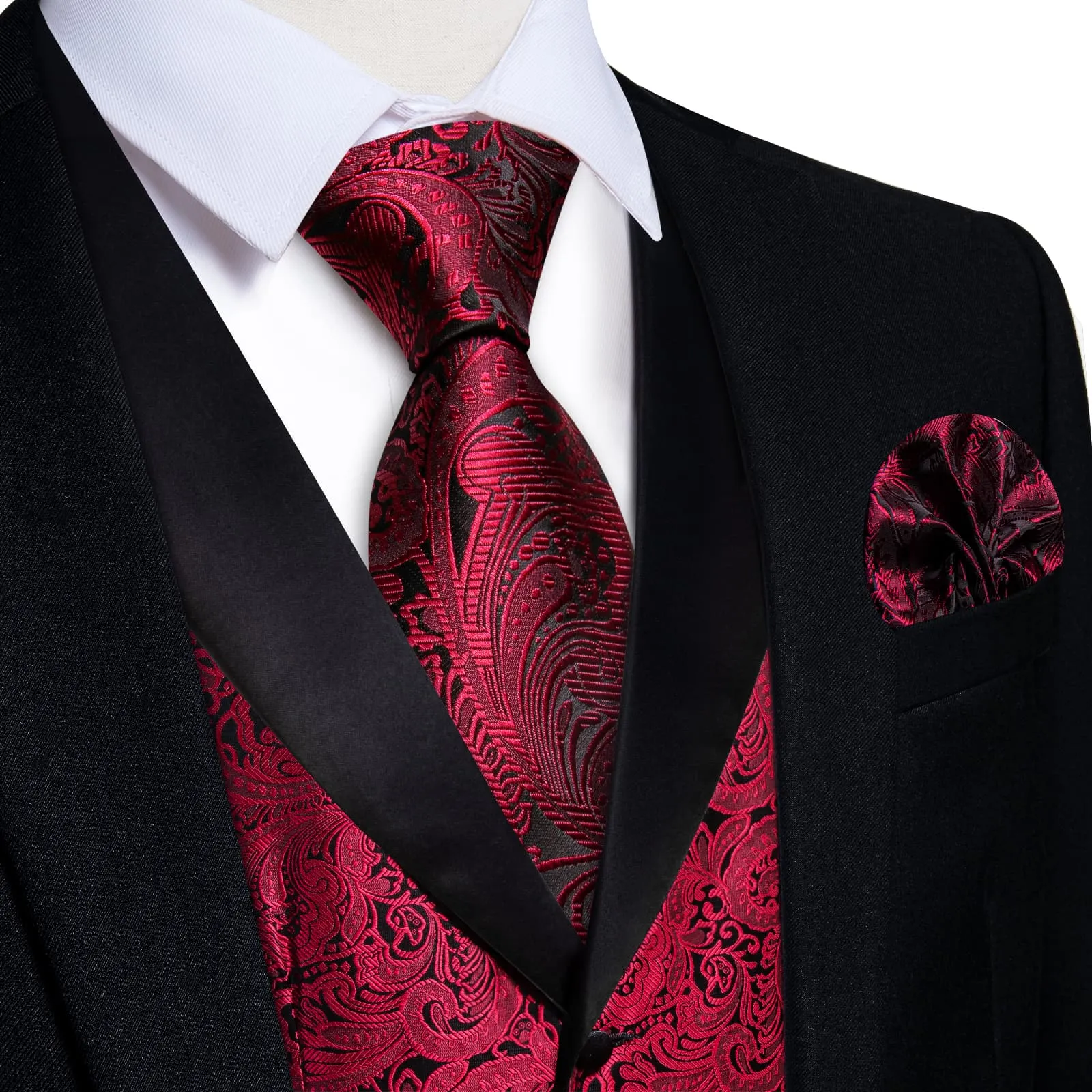 Ties2you Dress Vest Red Black Floral Shawl Collar Silk Mens Waistcoat Tie Set