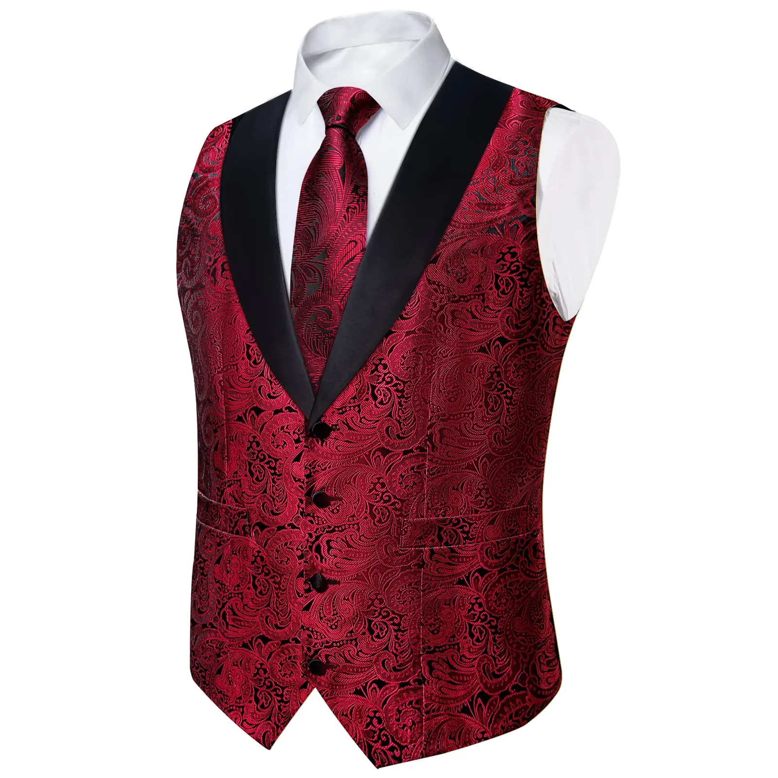 Ties2you Dress Vest Red Black Floral Shawl Collar Silk Mens Waistcoat Tie Set