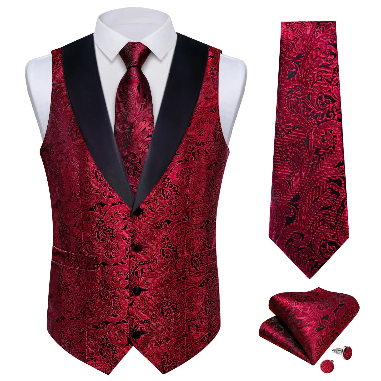 Ties2you Dress Vest Red Black Floral Shawl Collar Silk Mens Waistcoat Tie Set