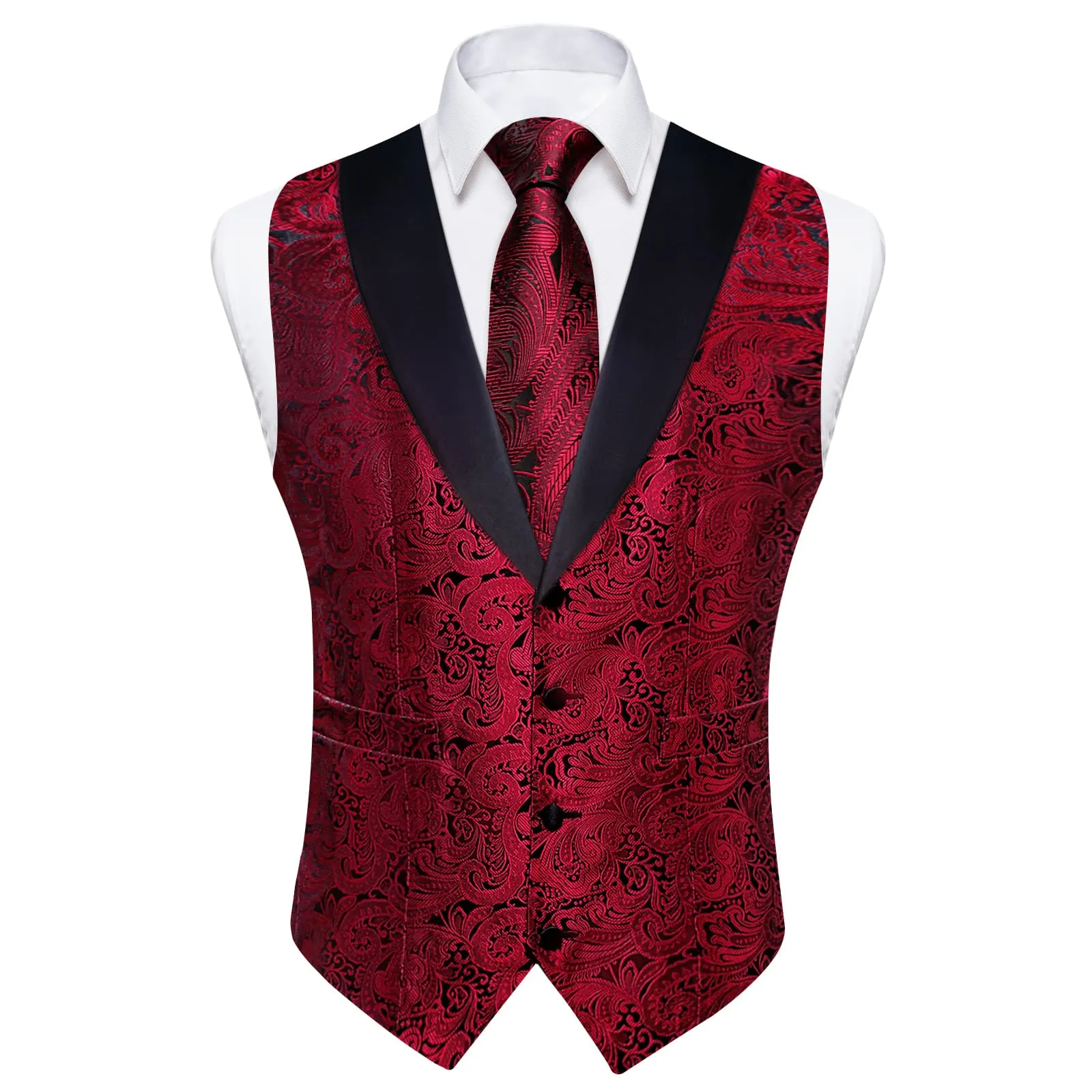 Ties2you Dress Vest Red Black Floral Shawl Collar Silk Mens Waistcoat Tie Set