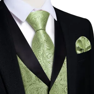 Ties2you Dress Vest Sage Green Floral Shawl Collar Silk Mens Waistcoat Tie Set