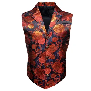 Ties2you Men's Casual Vest Orange Woven Floral Silk Notch Collar Vest