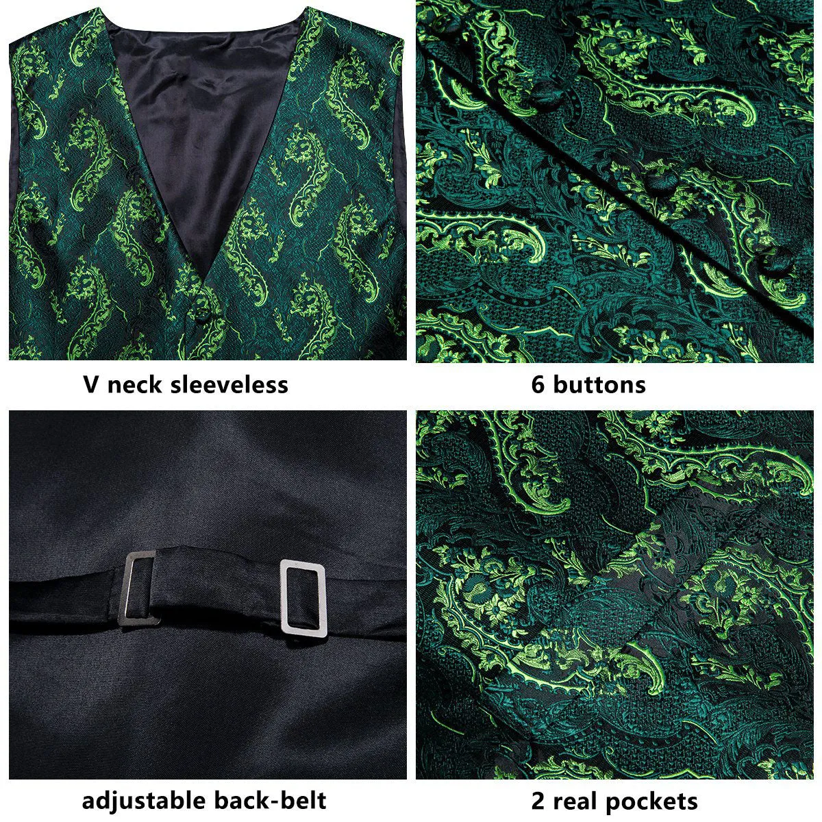 Ties2you Men's Vest Black Green Floral Jacquard Silk Vest Tie Hanky Cufflinks Set