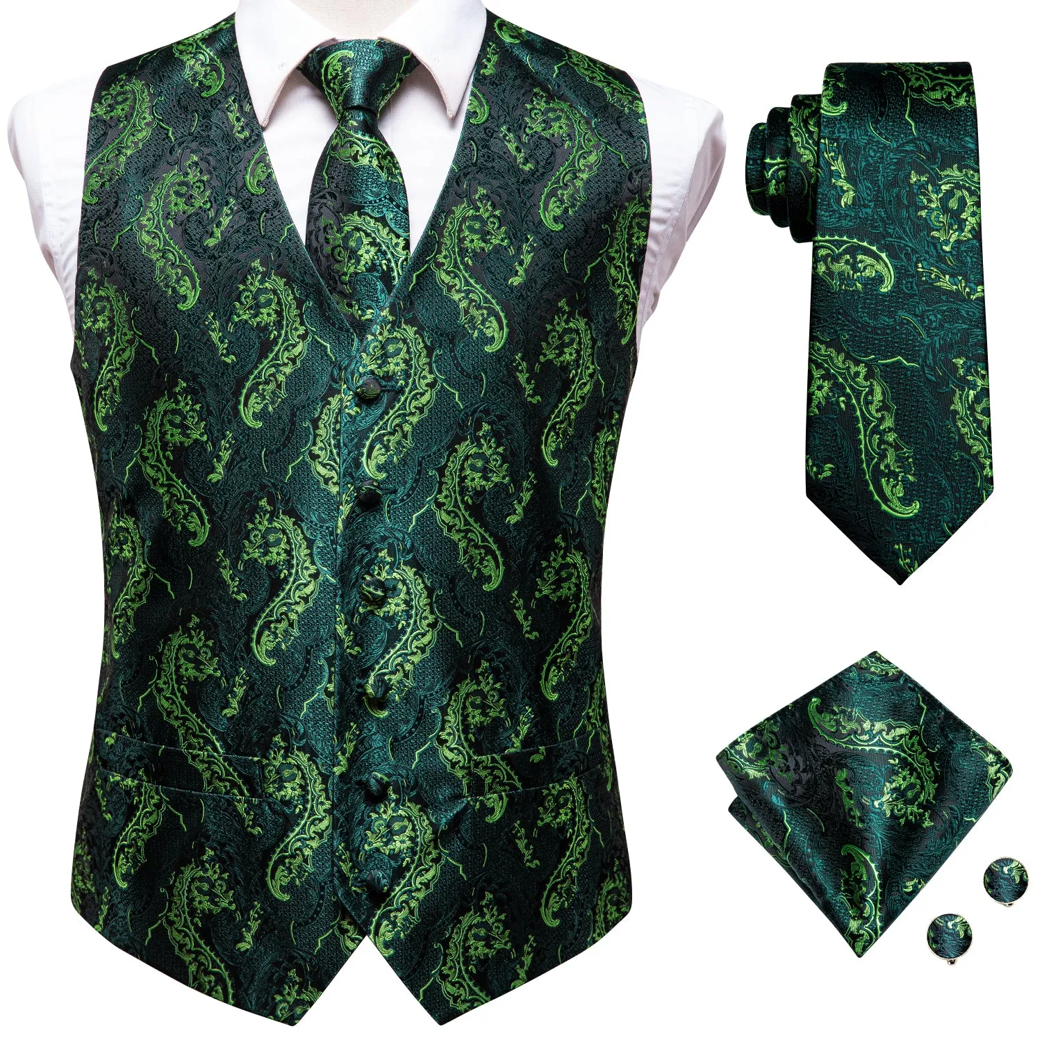 Ties2you Men's Vest Black Green Floral Jacquard Silk Vest Tie Hanky Cufflinks Set