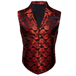 Ties2you Men's Vest Black Red Woven Floral Silk Waistcoat Suit Vest