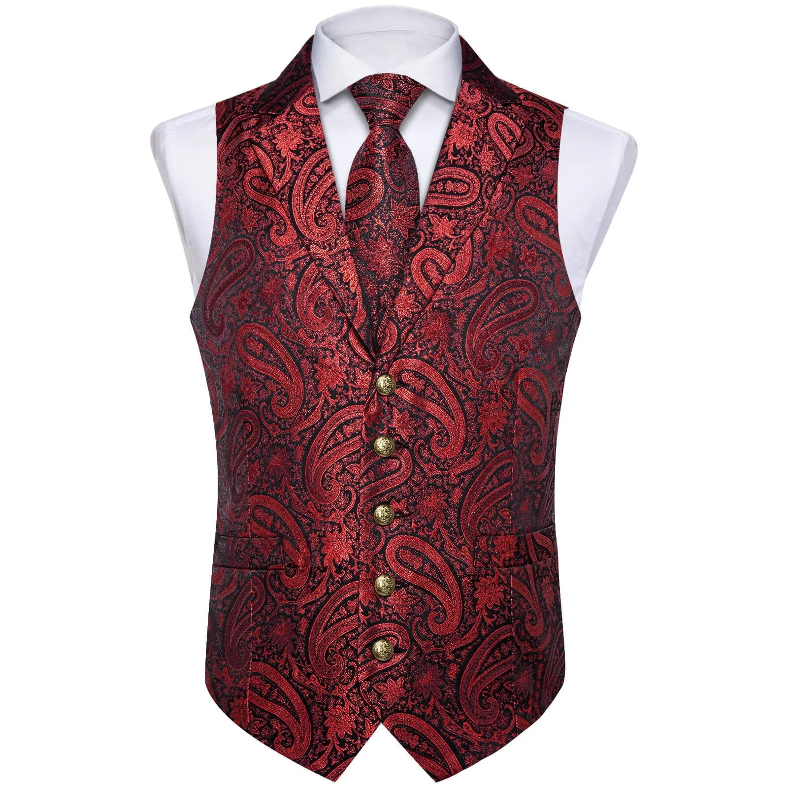 Ties2you Men's Vest Deep Red Jacquard Paisley Silk Suit Vest Tie Set