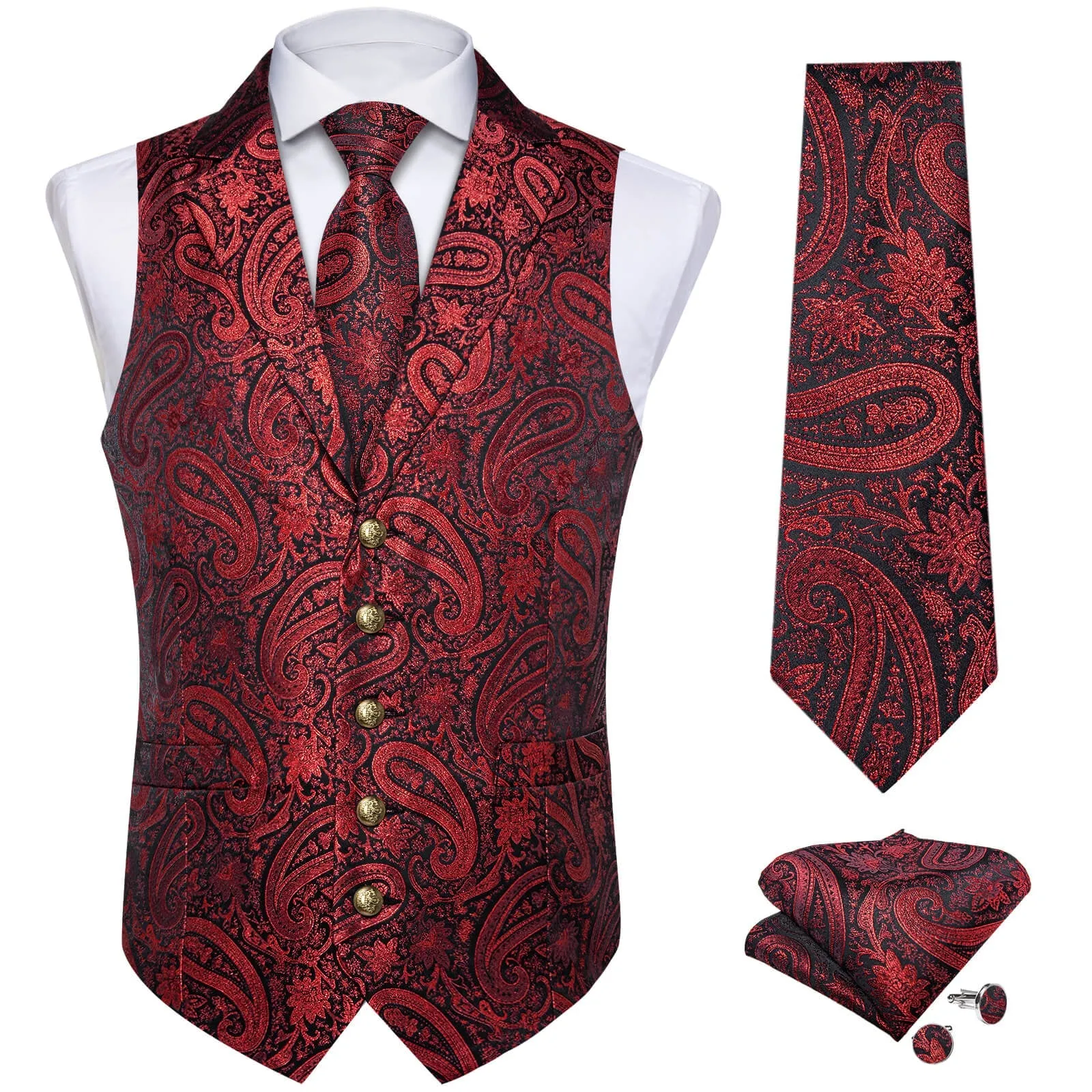 Ties2you Men's Vest Deep Red Jacquard Paisley Silk Suit Vest Tie Set