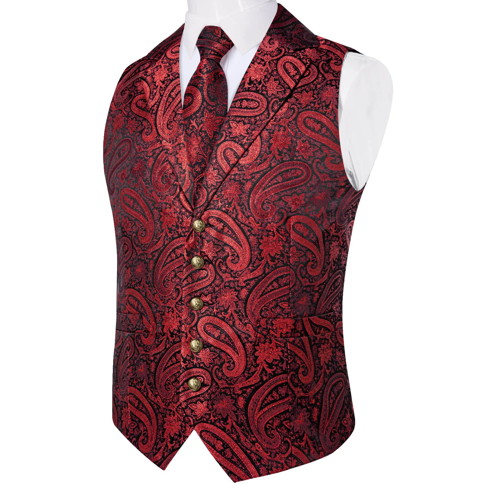 Ties2you Men's Vest Deep Red Jacquard Paisley Silk Suit Vest Tie Set