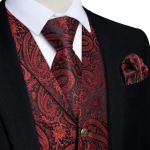 Ties2you Men's Vest Deep Red Jacquard Paisley Silk Suit Vest Tie Set