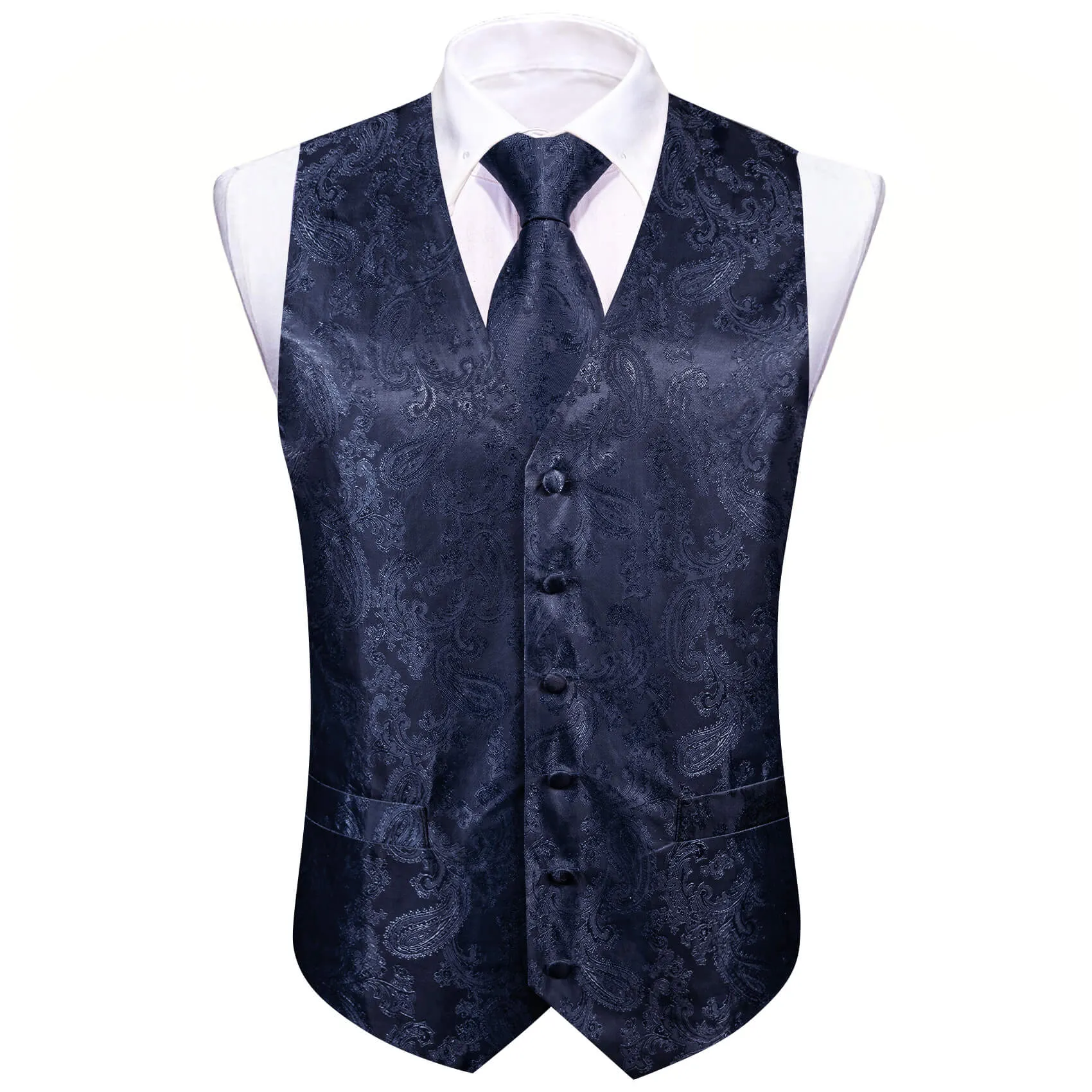 Ties2you Men's Vest Denim Blue Woven Paisley Vest Tie Bow Tie Set 5PC