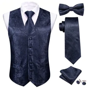 Ties2you Men's Vest Denim Blue Woven Paisley Vest Tie Bow Tie Set 5PC