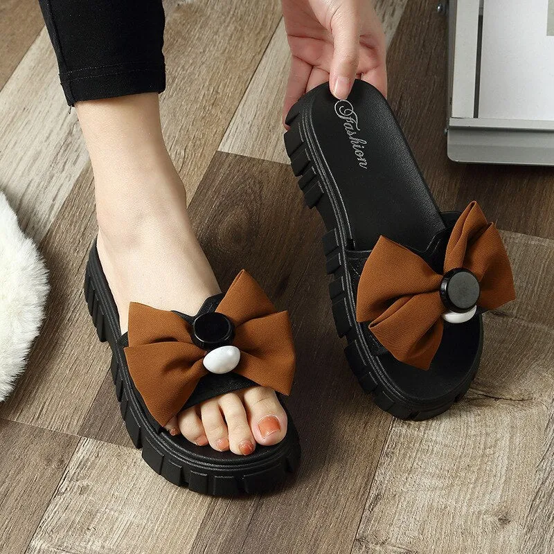 Toleet New Bow Tie Women's Slippers Ladies Outerwear Pvc Flat Bottom Slippers Sandals Women Fashion One Word Thick Bottom Slippers