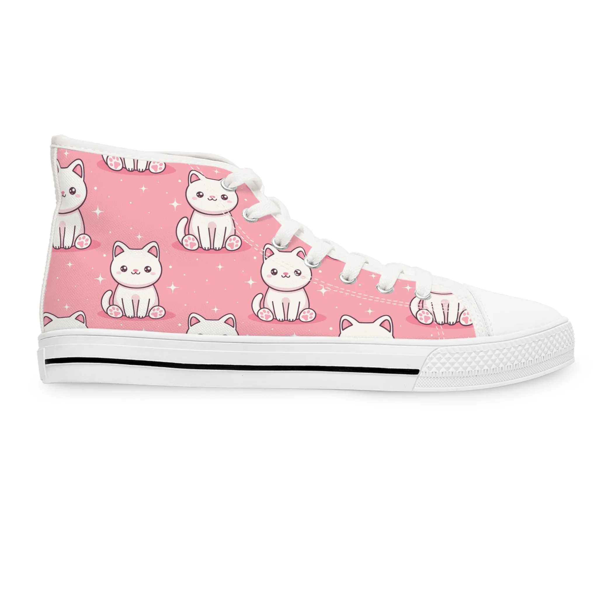 White Kawaii Cats on Pink Background Women's High Top Sneakers