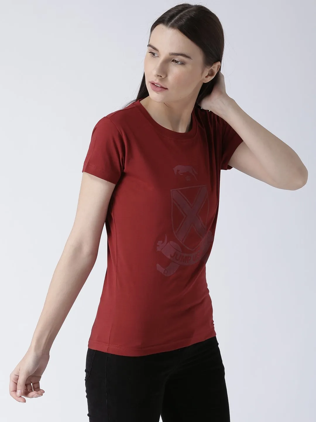 Women Red Solid Round Neck T-shirt