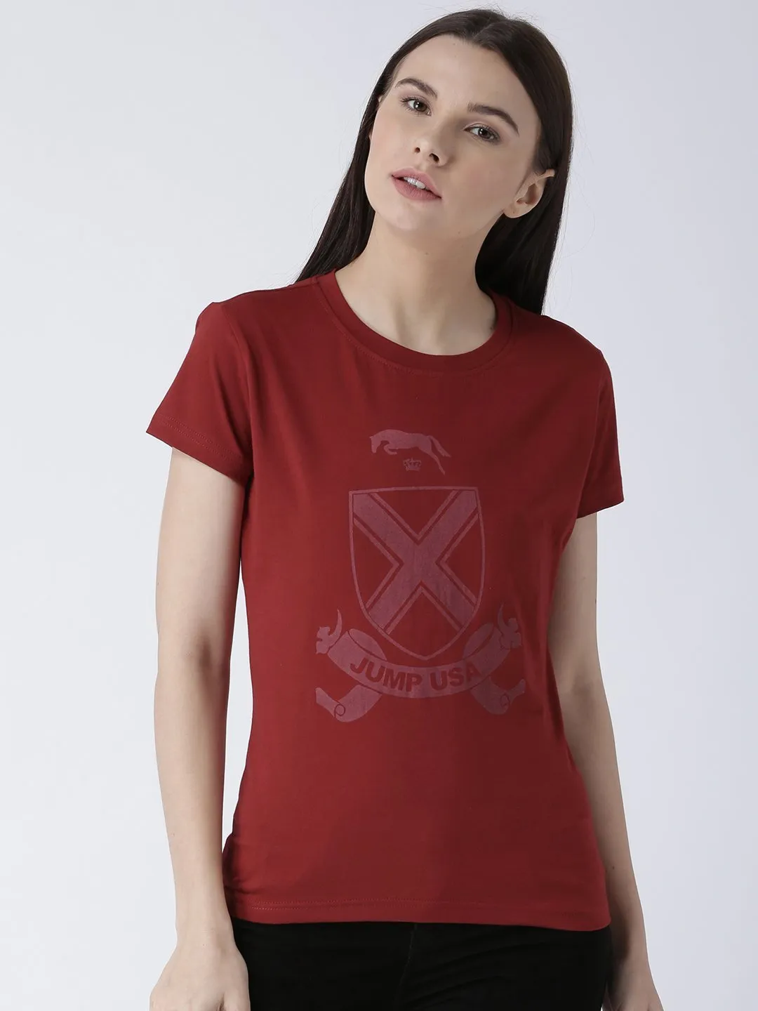 Women Red Solid Round Neck T-shirt