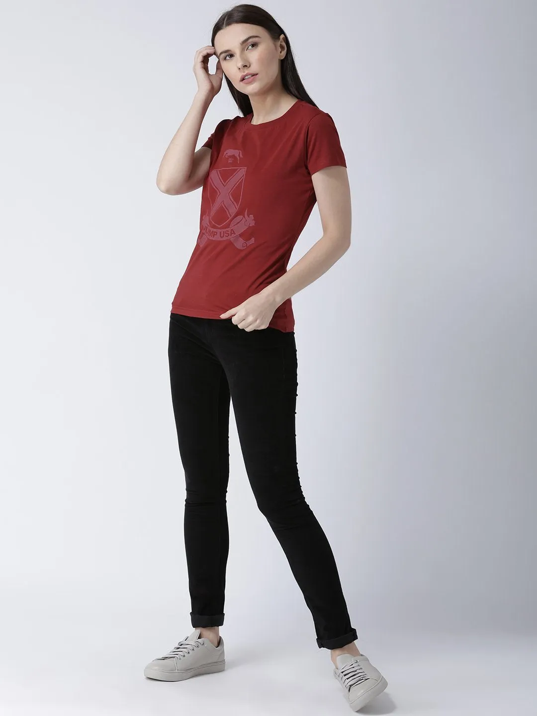 Women Red Solid Round Neck T-shirt