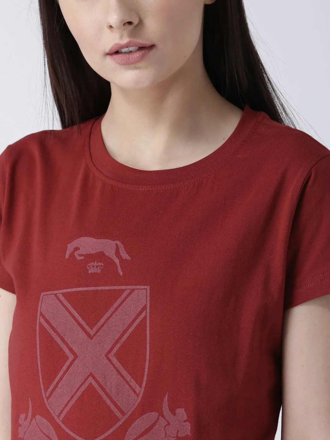 Women Red Solid Round Neck T-shirt