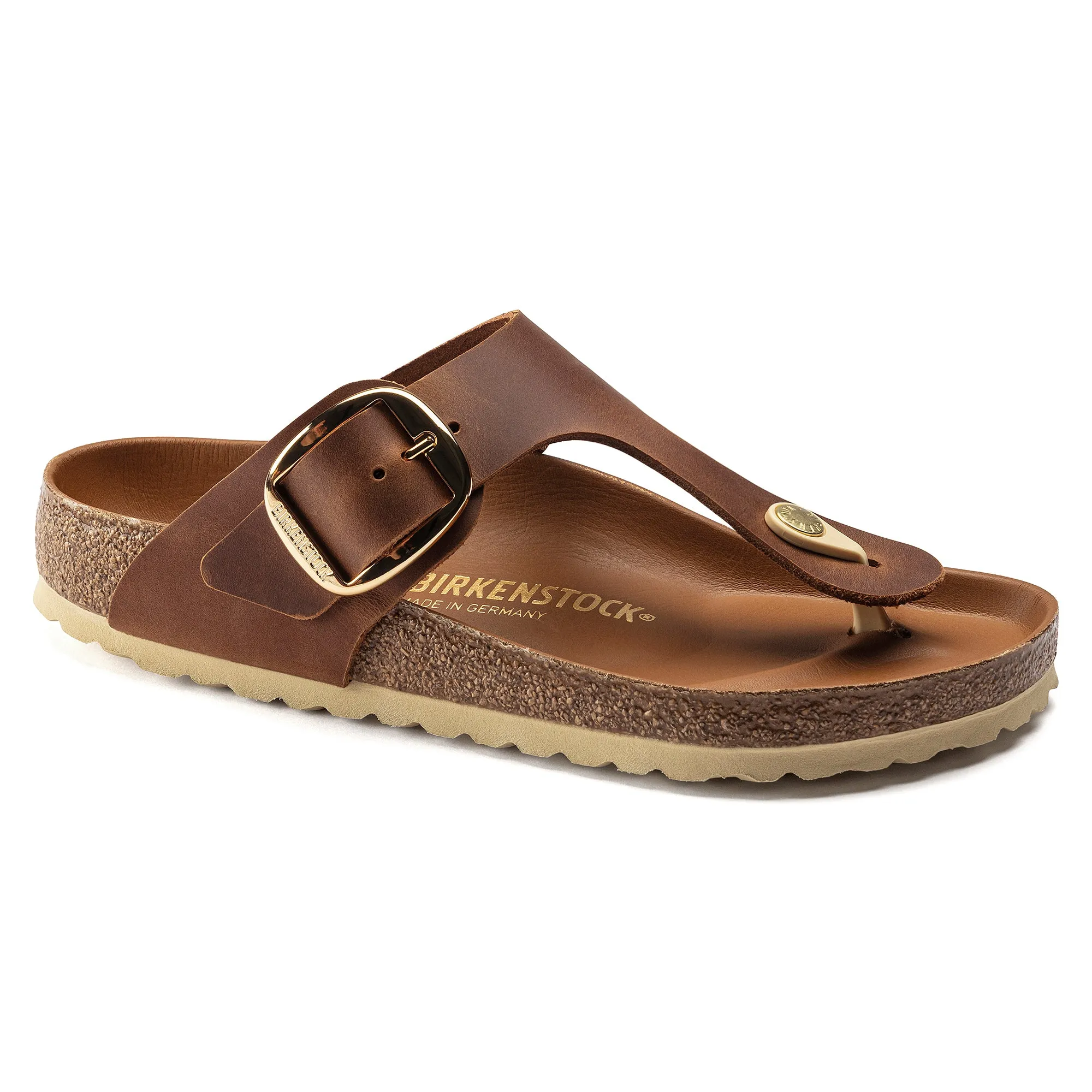 Women's Birkenstock Gizeh Big Buckle Oiled Nubuck Leather Color: Cognac