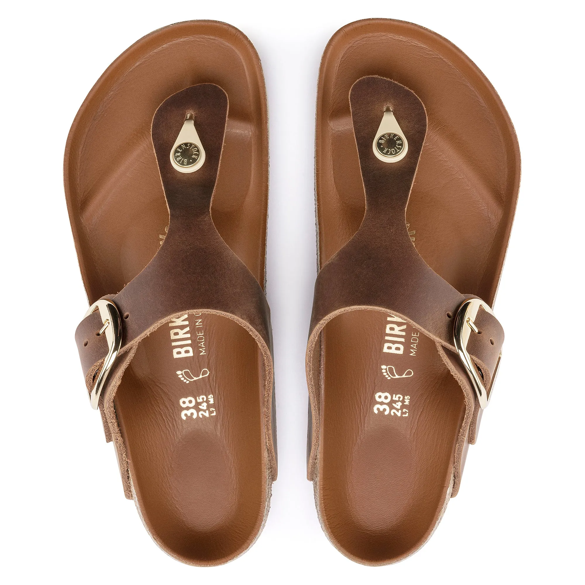 Women's Birkenstock Gizeh Big Buckle Oiled Nubuck Leather Color: Cognac